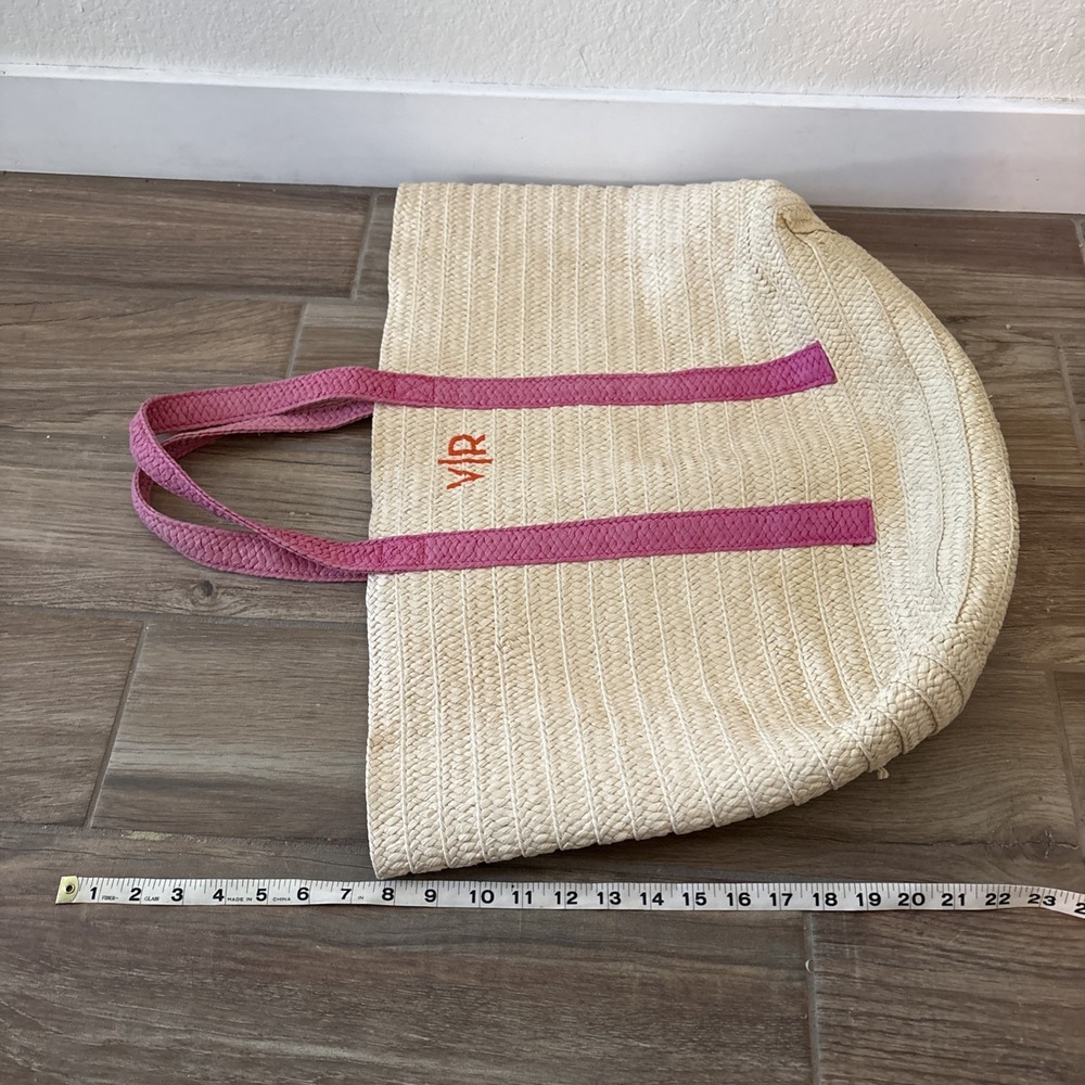 Mark And Graham Straw Bag Pink And Cream Embroidered V/R 22" x 18" - Picture 7 of 8